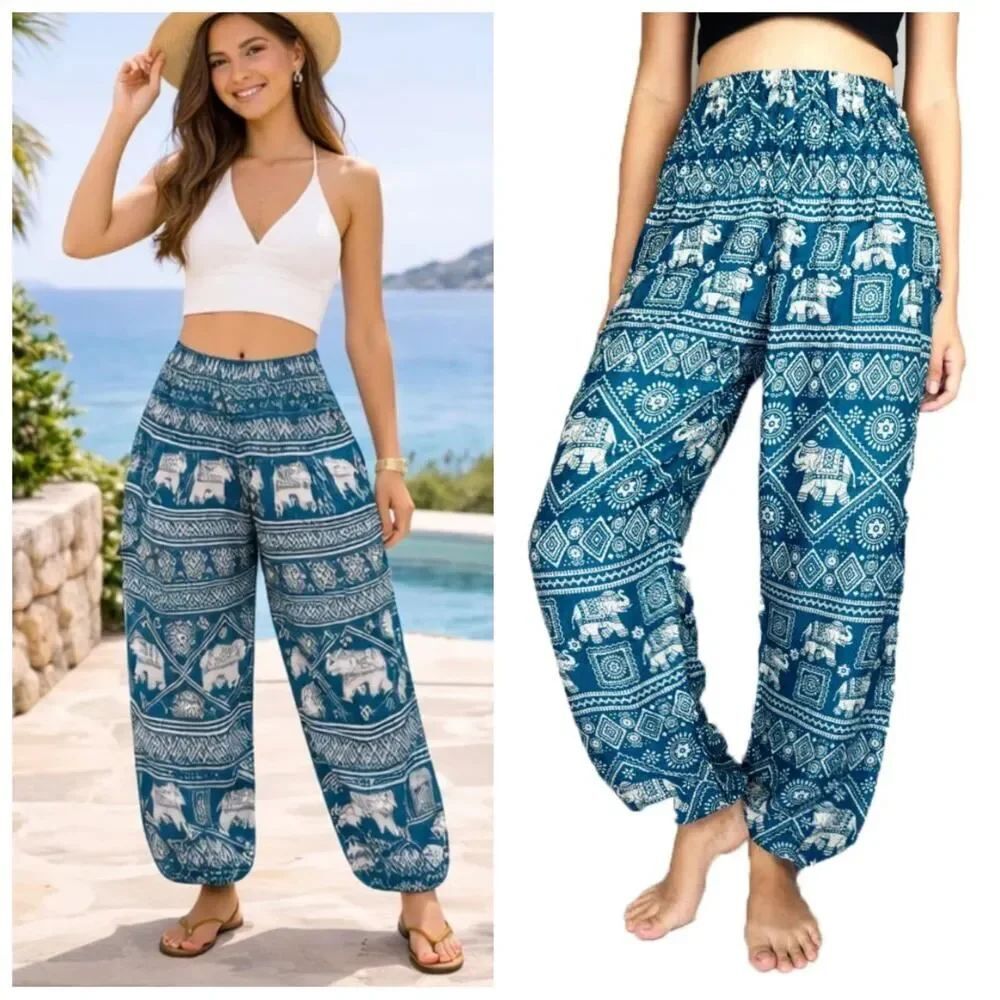 Teal green elephant print boho harem pants with smocked waist sz S